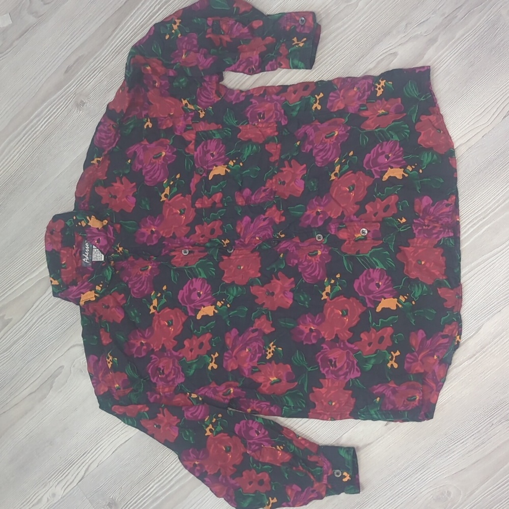 Adesso 100% silk floral flower button up shirt colorful size M vintage